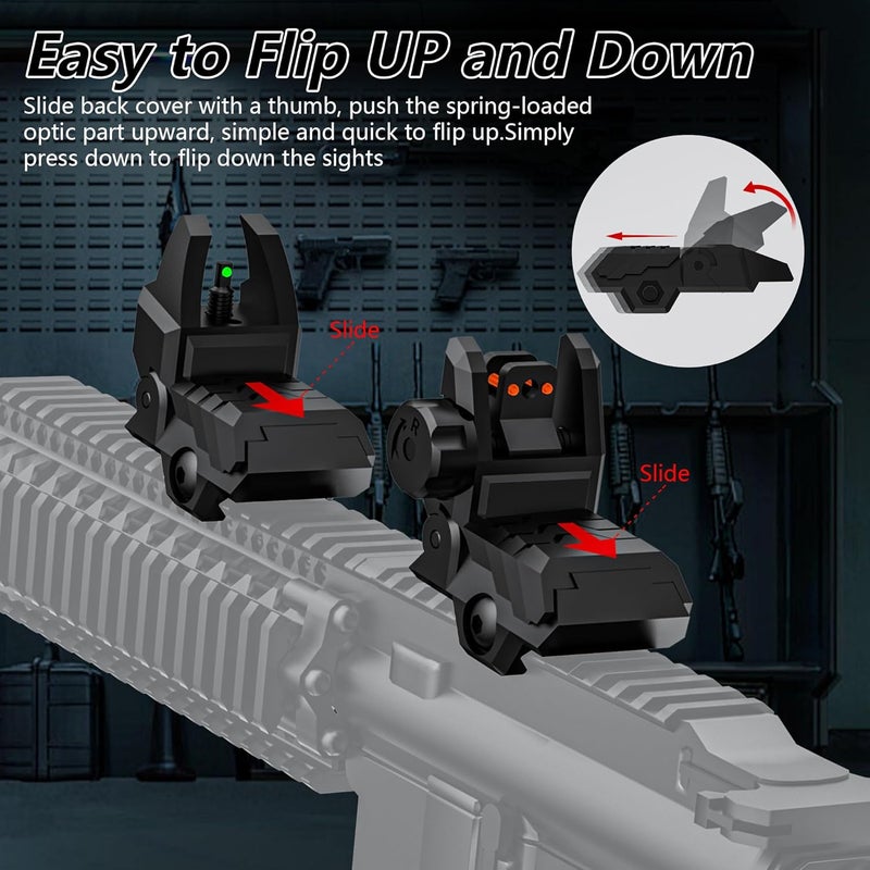 JORMIX Folding Fiber Optic Sights Flip Up Sights Front and Rear Back up Sights for Picatinny Weaver Rails with Red Green Full Dots Polymer - Image 4